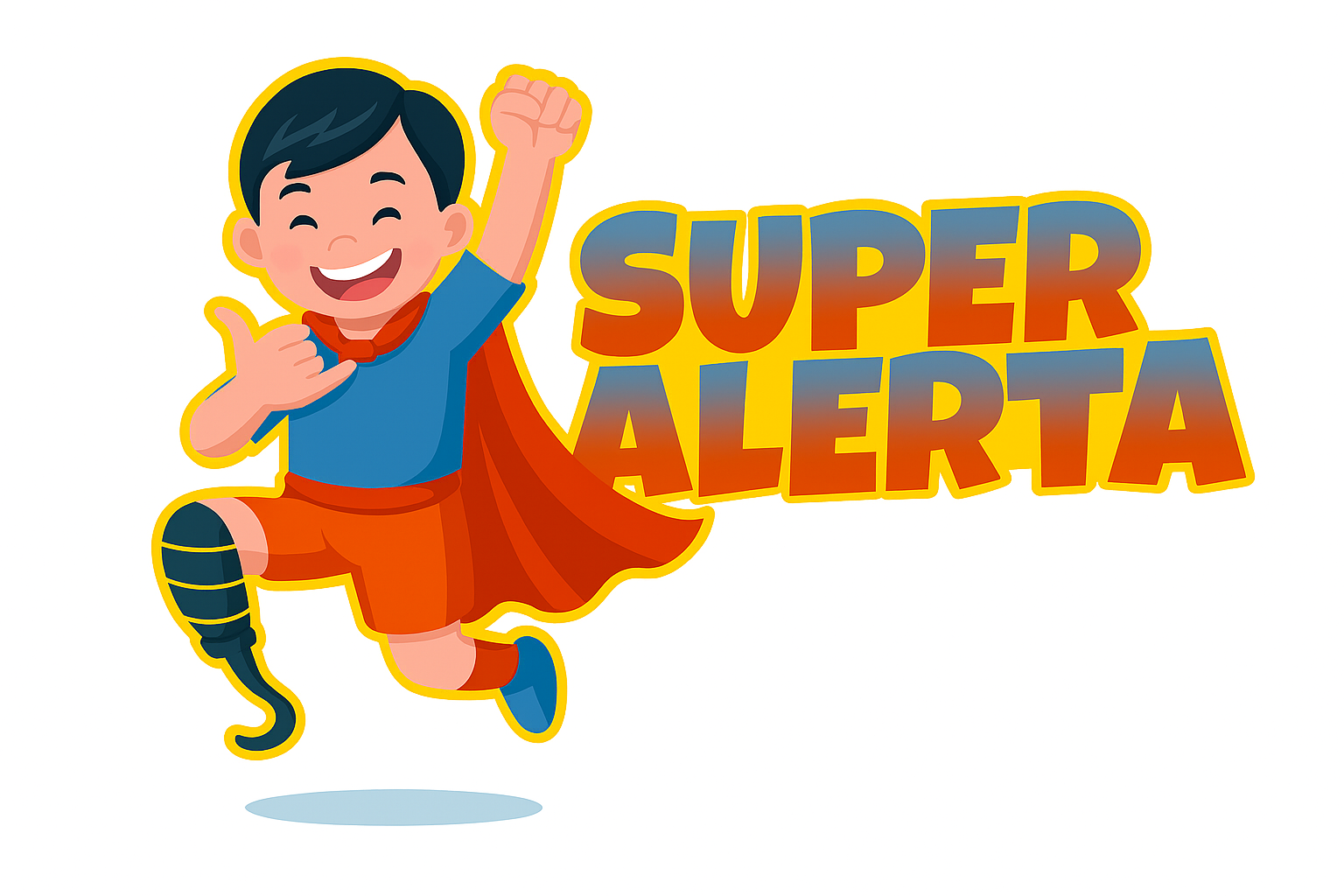 Ilustração de uma personagem infantil em posição de salto, com capa vermelha, roupa azul e laranja e prótese numa das pernas. O gesto de uma das mãos significa “feliz” em Língua Gestual Portuguesa. Ao lado direito surge o texto “SUPER ALERTA” em letras grandes e coloridas.