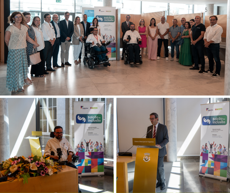 Fotos da inauguração do Balcão da Inclusão de Felgueiras. Em cima uma foto de grupo com todos os que participaram na inauguração no espaço do balcão do cidadão. Em baixo à esquerda um destaque do momento da intervenção do Senhor Vereador Virgílio Ferreira e à direita pelo Senhor Presidente do Conselho Diretivo do Instituto Nacional para a Reabilitação.