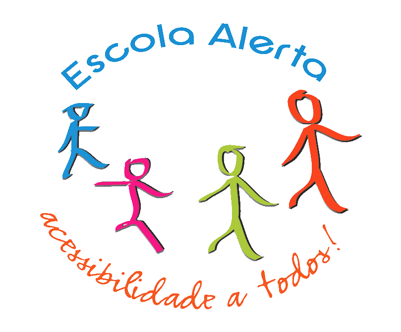 Logótipo da Escola Alerta que contém quatro figuras humanas estilizadas, cada uma de uma cor diferente (azul, rosa, verde e laranja), dispostas num círculo. O texto “Escola Alerta” está escrito na parte superior do círculo em letras azuis. Na parte inferior do círculo, o texto “acessibilidade a todos!” está escrito em letras laranjas curvas seguindo a forma do círculo.