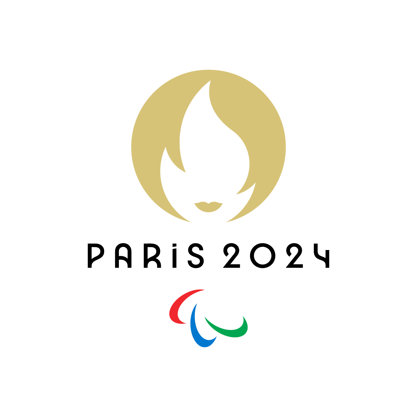 Logótipo oficial dos Jogos Olímpicos de Paris 2024. O elemento central é uma representação dourada da chama olímpica, que também se assemelha a um rosto estilizado com lábios num fundo branco. Abaixo desse símbolo, o texto “PARIS 2024” está escrito em letras maiúsculas pretas. Sob o texto, há três “agitos” nas cores azul, vermelho e verde, representando os Jogos Paralímpicos.