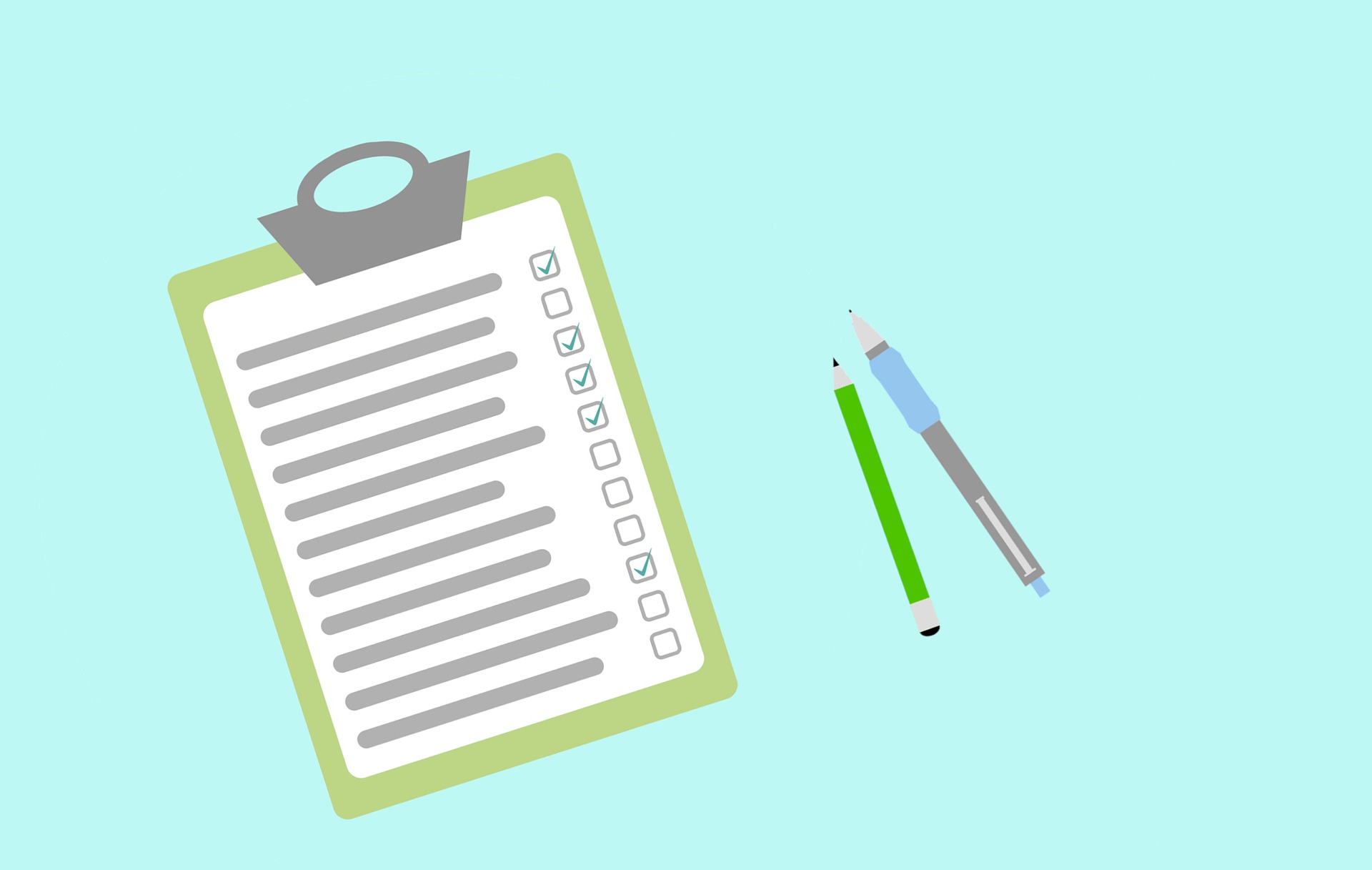 A imagem mostra uma prancheta com uma lista de verificação, onde alguns itens estão marcados. Ao lado da prancheta, há uma caneta e um lápis.