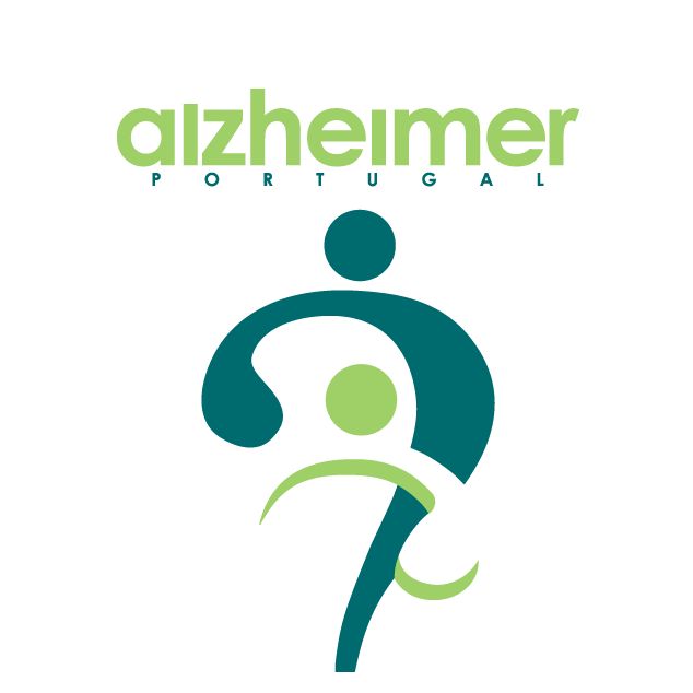 Logótipo da Associação Alzheimer Portugal que consiste numa representação abstrata de duas figuras humanas em tons de verde que sugerem cuidado ou apoio. Acima da figura lê-se “Alzheimer Portugal”.