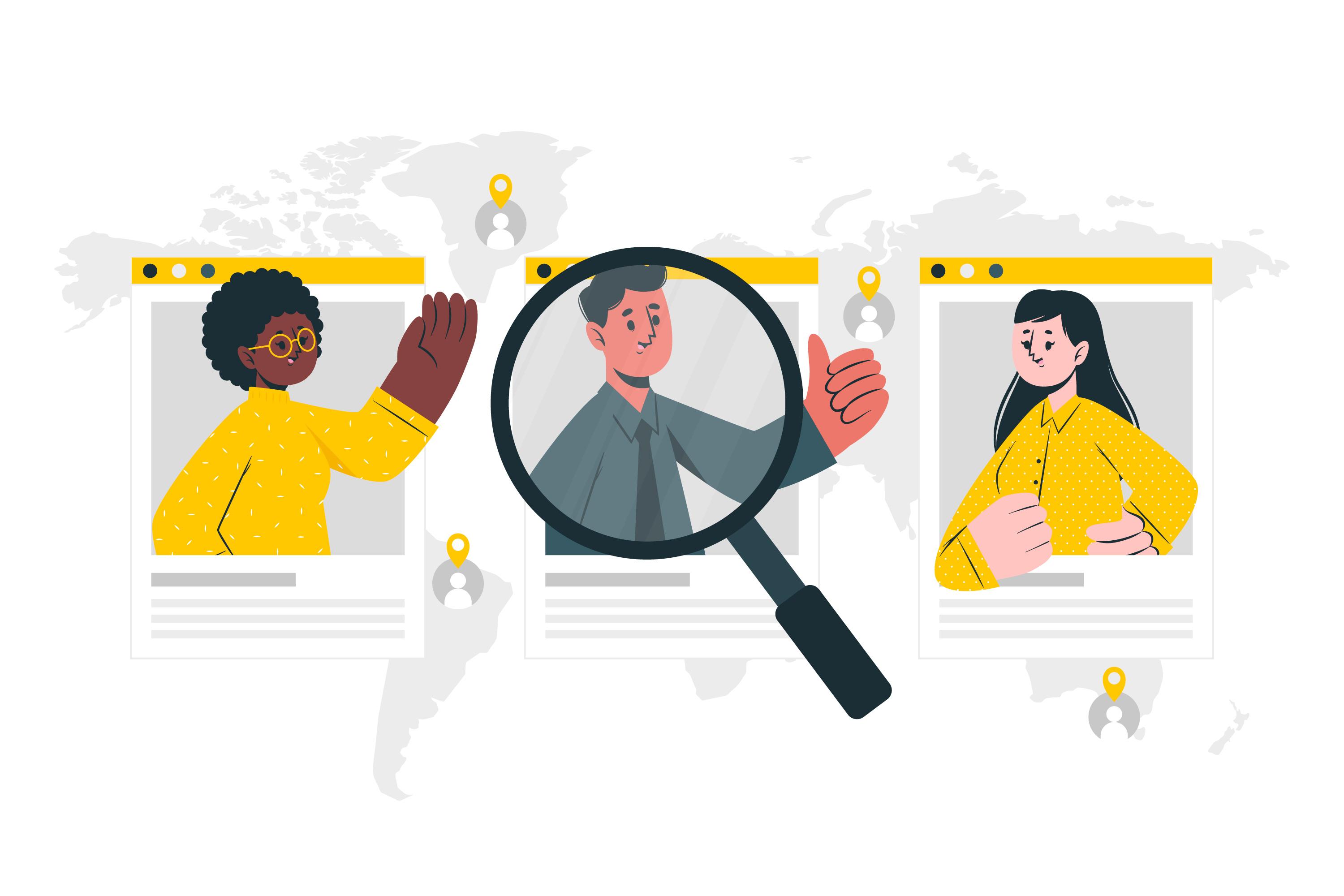 3 ilustrações de fotografias sobre uma ilustração do planisfério. As fotografias estão distribuídas lado a lado, horizontalmente. Na 1ª ilustração de fotografia há uma mulher de pele escura com óculos e a mão levantada. Na 2ª ilustração de fotografia, está um homem de pele clara com a mão fechada levantada e o polegar para cima. Sobre a ilustração de fotografia desse homem, há uma lupa. Na 3ª e última ilustração de fotografia, há uma mulher de pele clara, cabelos escuros, braços caídos e punho fechado, posicionado à altura da cintura.