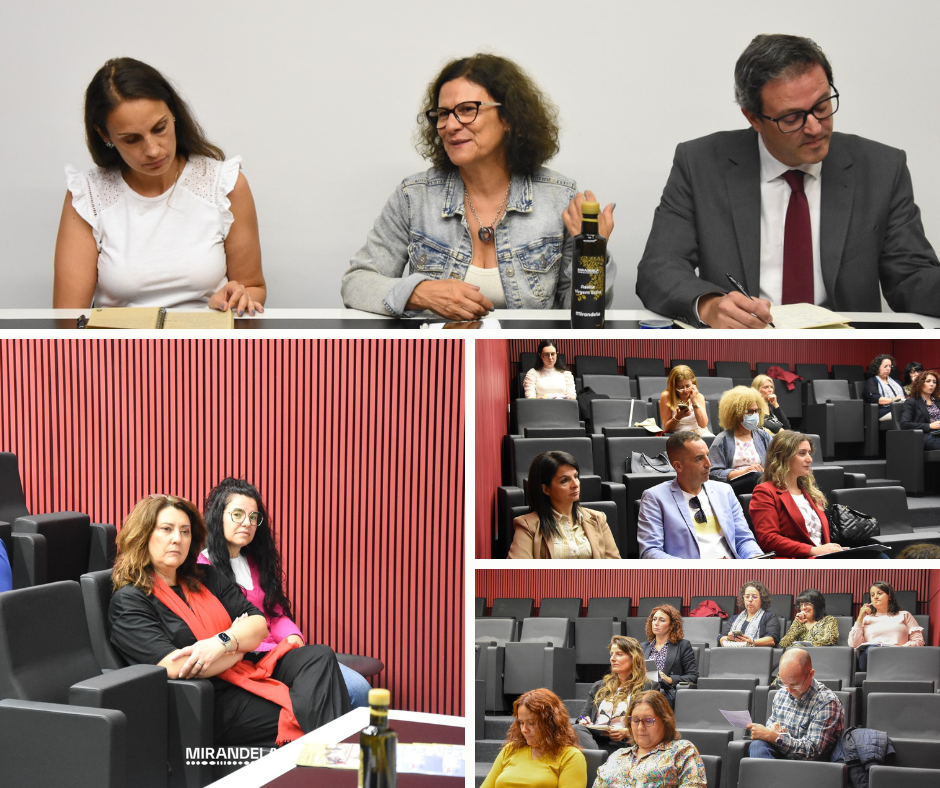 Grelha com 4 imagens do encontro: na primeira é visível Gisela Afonso, Eduarda Saraiva e Rodrigo Ramos do INR, em baixo do lado esquerdo, duas senhoras da Câmara Municipal de Mirandela, sendo uma delas, vereadora do município, Vera Preto. Do lado direito, as duas fotos mostram a plateia constituída pelos restantes participantes.