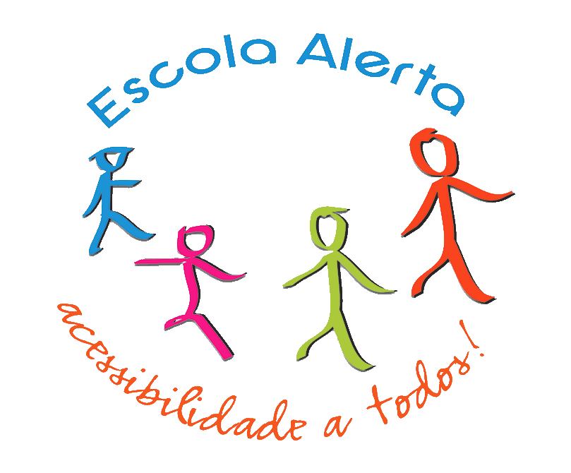  Logótipo da Escola Alerta que contém quatro figuras humanas estilizadas, cada uma de uma cor diferente (azul, rosa, verde e laranja), dispostas num círculo. O texto “Escola Alerta” está escrito na parte superior do círculo em letras azuis. Na parte inferior do círculo, o texto “acessibilidade a todos!” está escrito em letras laranjas curvas seguindo a forma do círculo. 