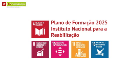 Fundo branco em que no meio se lê, a letras vermelhas ”Plano de Formação 2025 Instituto Nacional para a Reabilitação”. Do lado esquerdo do texto está um quadrado que representa o eixo 4 (Educação de qualidade) dos Objetivos de Desenvolvimento Sustentável (ODS) da ONU. Por baixo do texto estão 4 quadrados, respeitantes aos eixos 8 (Trabalho digno e crescimento económico), 10 (Reduzir as desigualdades), 11 (Cidades e comunidades sustentáveis) e 16 (Paz, Justiça e Instituições Eficazes) também dos ODS da ONU. No canto superior esquerdo está o logo do INR.