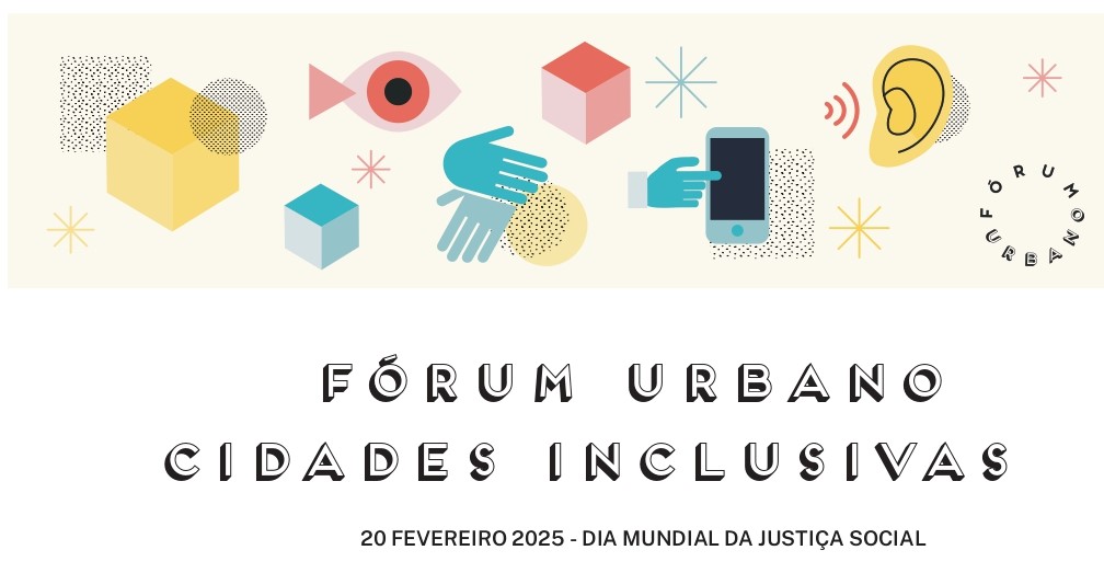  É visível um design gráfico com diversos elementos geométricos e símbolos, como cubos, olhos, mãos e ondas sonoras. Por baixo pode ler-se 