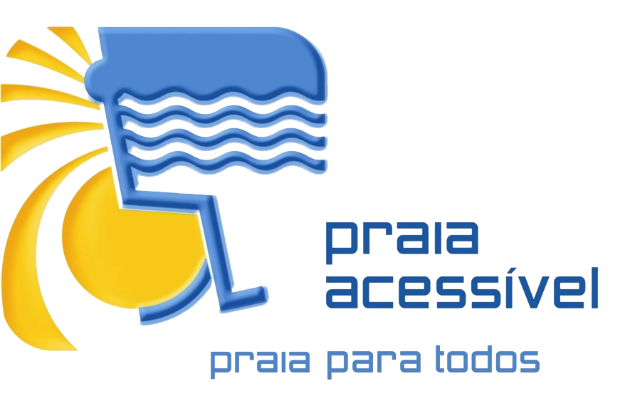 A imagem contém o logo do programa: um sol amarelo com raios à esquerda, um ícone azul que combina um símbolo de cadeira de rodas com ondas, representando água ou mar. É possível também ler texto “praia acessível” e “praia para todos