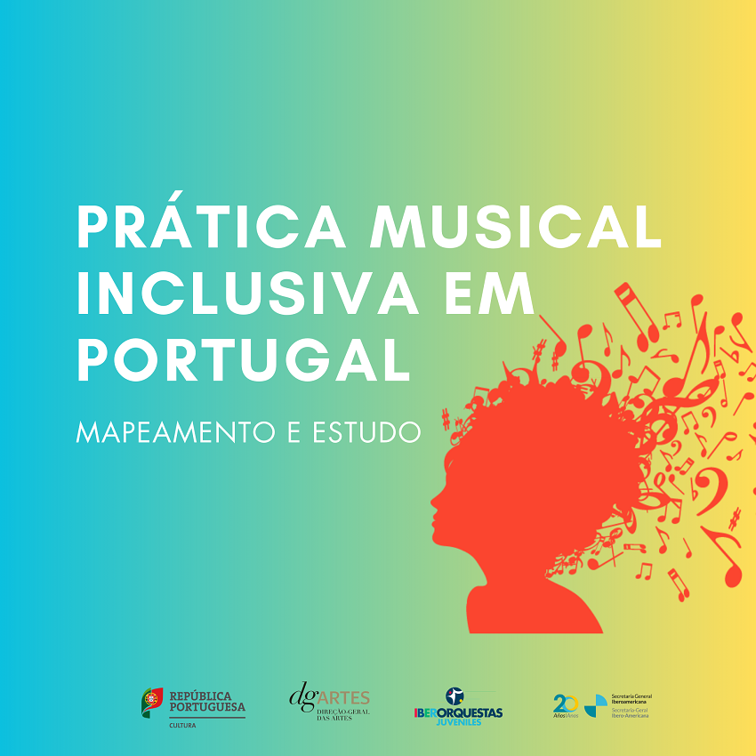 Fundo com 3 cores desvanecidas, começando pelo azul, passando pelo verde e acabando num tom amarelo. Pode ler-se “Prática musical inclusiva em Portugal, mapeamento e estudo”. No canto inferior direito, está uma imagem estilizada (de cor vermelha) de um busto, em que na nuca estão a sair várias notas musicais. No rodapé estão vários logos.