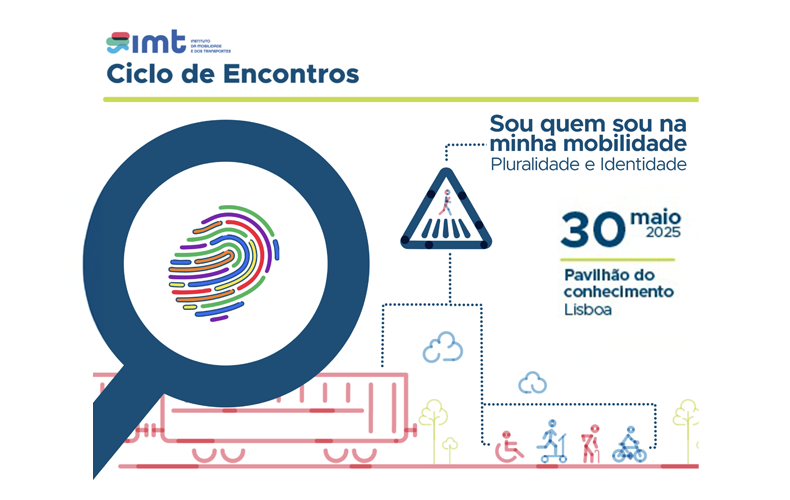 On a white background, at the top of the image is the logo of IMT – Instituto da Mobilidade e dos Transportes, followed by the text “Ciclo de Encontros”. Below the header is a stylized fingerprint symbol, with various colors, inside a magnifying glass. There is also a traffic sign icon, referring to the passage of pedestrians, connected by dotted lines to the remaining elements, such as stylised drawings of a train and several people, one riding a bicycle, the other on a scooter. There is also a person in a wheelchair and an elderly person. The right-hand side of the image reads ‘I am who I am in my mobility, plurality and identity, 30 May 2025, Pavilhão do Conhecimento, Lisbon’.