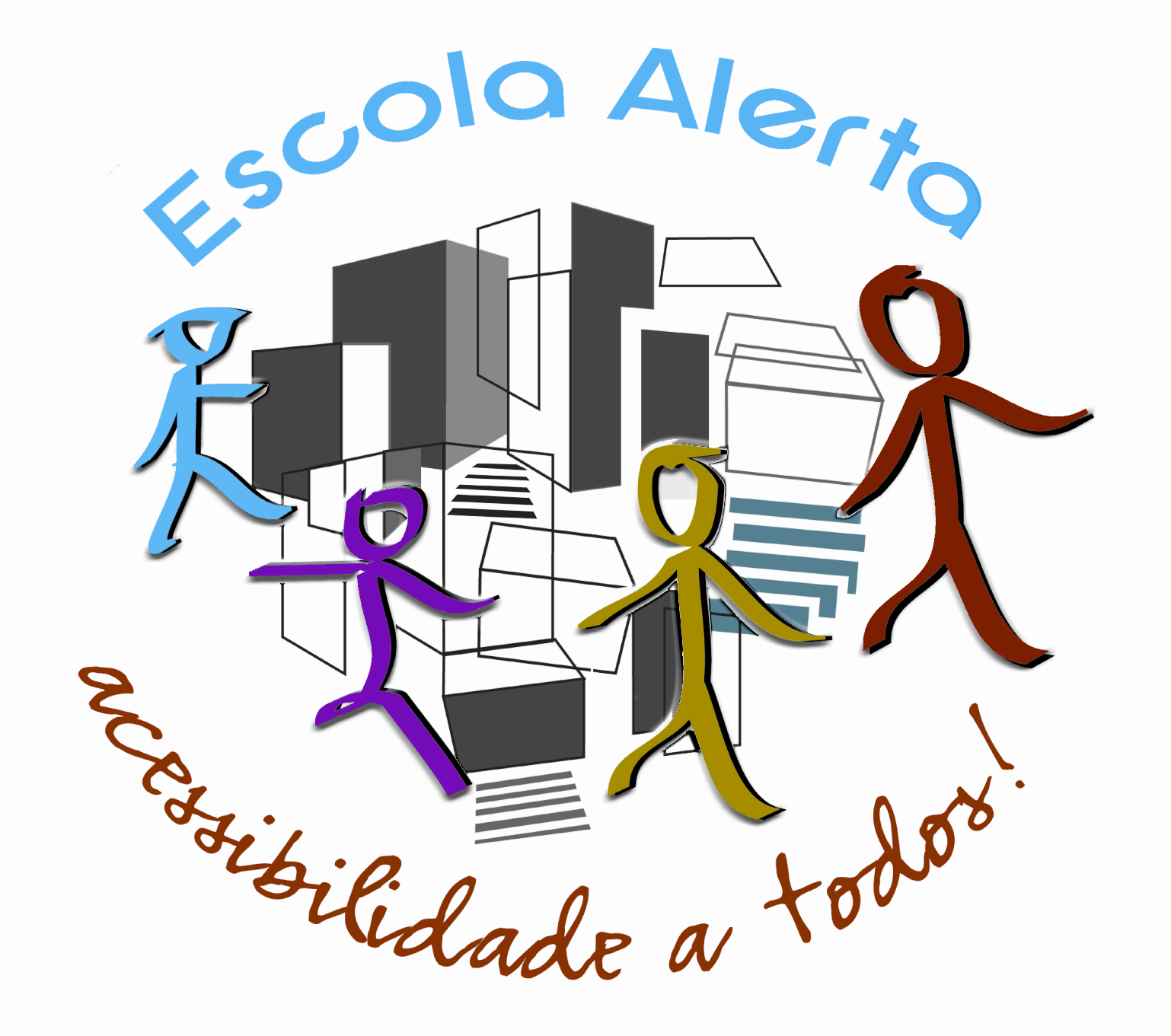 Logo with text 'School Alert' at the top, colorful human figures (blue, purple, yellow and brown) walking around a set of shapes representing buildings and ramps. At the bottom is written 'accessibility to all!'