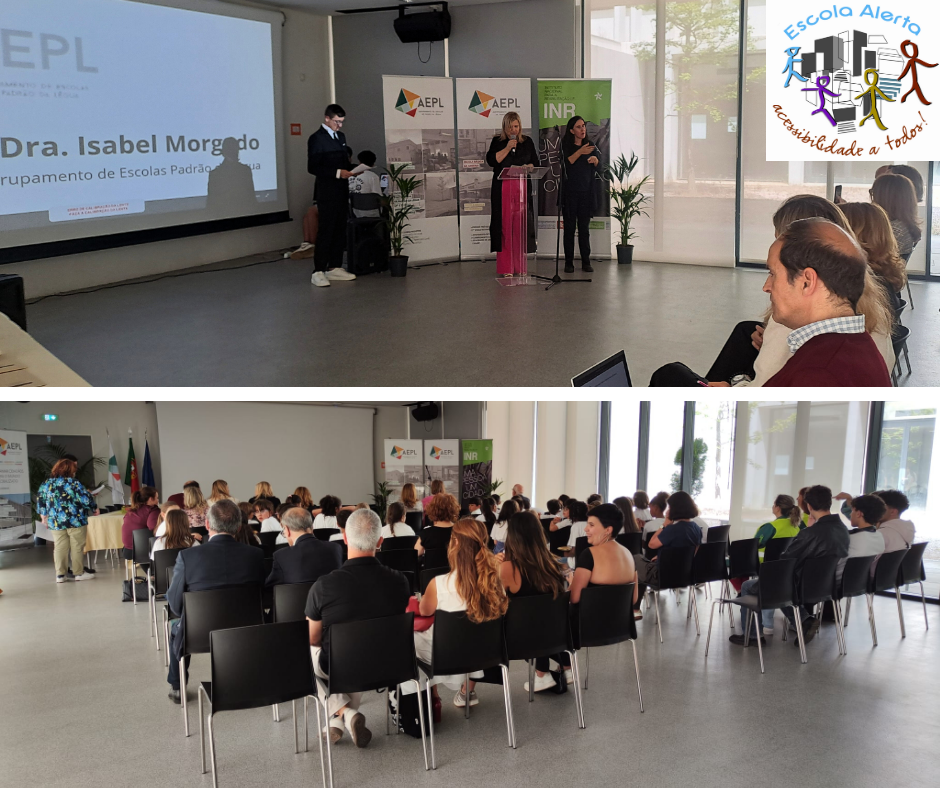  Imagem dividida em duas fotografias. A de cima uma perspetiva da sala, vendo-se a primeira fila da plateia. Com Roll-Up's do Agrupamento de Escolas e do INR nas costas, vê-se a representante da escola a fazer uma intervenção no púlpito, com uma intérprete de Língua Gestual Portuguesa à direita. Mais à esquerda o apresentador. Na foto de baixo uma perspetiva da sala vendo-se toda a plateia de costas. Image divided into two photographs. From the top a view of the room, seeing the first row of the audience. With Roll-Up's of the School Grouping and the INR on the back, one sees the school representative making an intervention in the pulpit, with a Portuguese Sign Language interpreter on the right. To the left is the presenter. In the photo below a view of the room you can see the whole audience on their backs. 