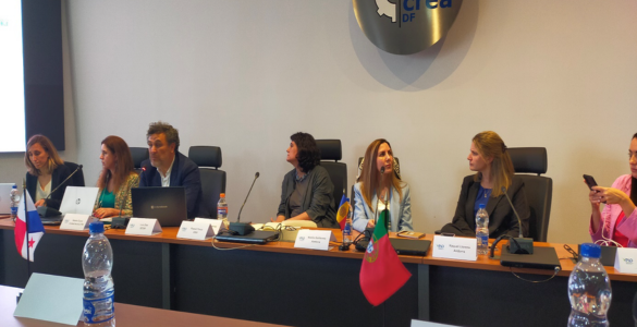 Seven people are sitting side by side behind a long table in a conference room. In front of them, there are microphones, water bottles and small flags from several countries, including Panama or Portugal. On the wall in the background is the logo of the “Crea-DF” institution.