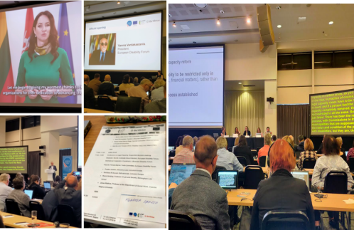  Colagem composta por cinco imagens de um evento institucional. No canto superior esquerdo, uma mulher discursa num púlpito com bandeiras ao fundo e legendas no ecrã. Ao centro no topo, o público assiste a uma apresentação projetada. No canto superior direito, vê-se novamente a audiência e os oradores e oradoras sentados à frente da sala, com texto projetado atrás. No canto inferior esquerdo, outra perspetiva da audiência voltada para o orador e os diapositivos. Ao centro em baixo, documentos impressos estão dispostos sobre uma mesa. A collage consisting of five images of an institutional event. In the upper left corner, a woman speaks in a pulpit with flags in the background and captions on the screen. At the center at the top, the audience watches a projected presentation. In the upper right corner, you can see again the audience and the speakers sitting in front of the room, with text projected back. In the lower left corner, another view of the audience facing the speaker and the slides. Downstairs, printed documents are arranged on a table. 