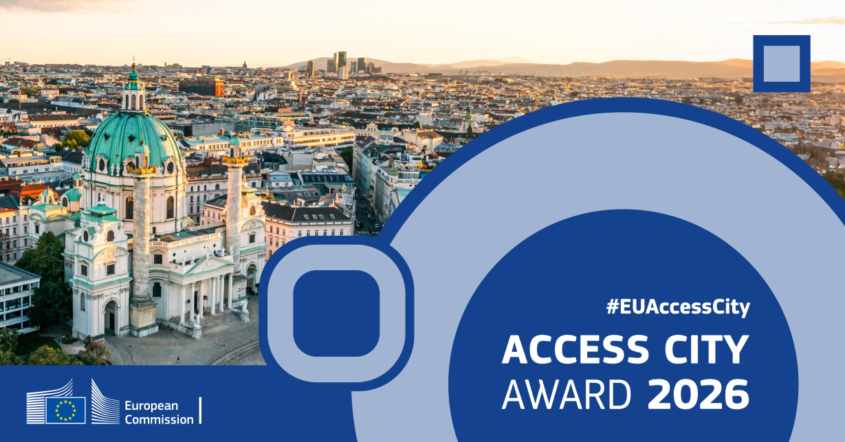  Vista aérea de uma cidade europeia com um edifício histórico de cúpula verde em destaque. No canto inferior esquerdo, encontra-se o logotipo da Comissão Europeia. No lado direito da imagem, há um círculo azul com o texto branco '#EUAccessCity ACCESS CITY AWARD 2026'.