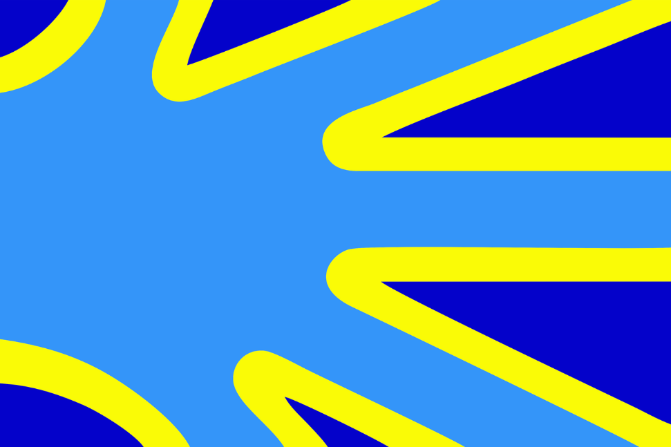Bandeira da comunidade surda com a forma de uma mão com as cores azul claro, azul escuro e amarelo.