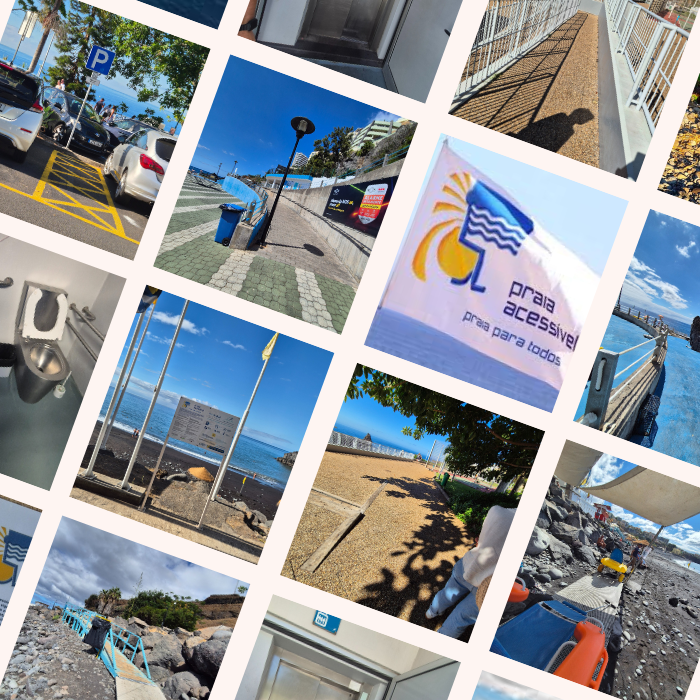 Colagem de imagens que mostra diferentes aspetos de uma praia acessível: • Estacionamento com lugares reservados para pessoas com mobilidade reduzida. • Entrada de edifício com rampa de acesso para cadeiras de rodas. • Bandeira do Programa “Praia acessível, Praia para todos”. • Instalação sanitária adaptada com equipamentos apropriados. • Bandeiras e sinalética junto à praia a indicar características de acessibilidade. • Passadiço de madeira até à zona de areia, adequado para cadeiras de rodas. • Vistas da praia e áreas envolventes, evidenciando rampas e percursos acessíveis. • Elevador.