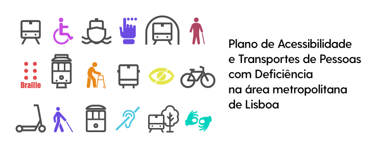  No fundo branco, do lado direito encontra-se o texto “Plano de Acessibilidade e Transportes de Pessoas com Deficiência na Área Metropolitana de Lisboa”. Do lado esquerdo há ícones coloridos representando diferentes áreas da deficiência, assim como de transportes. 