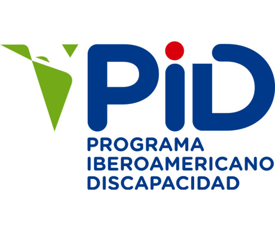 Num fundo branco lê-se, em letras azuis, PID, Programa Iberomericano Discapacidad. Do lado esquerdo está uma imagem abstrata de cor verde. 