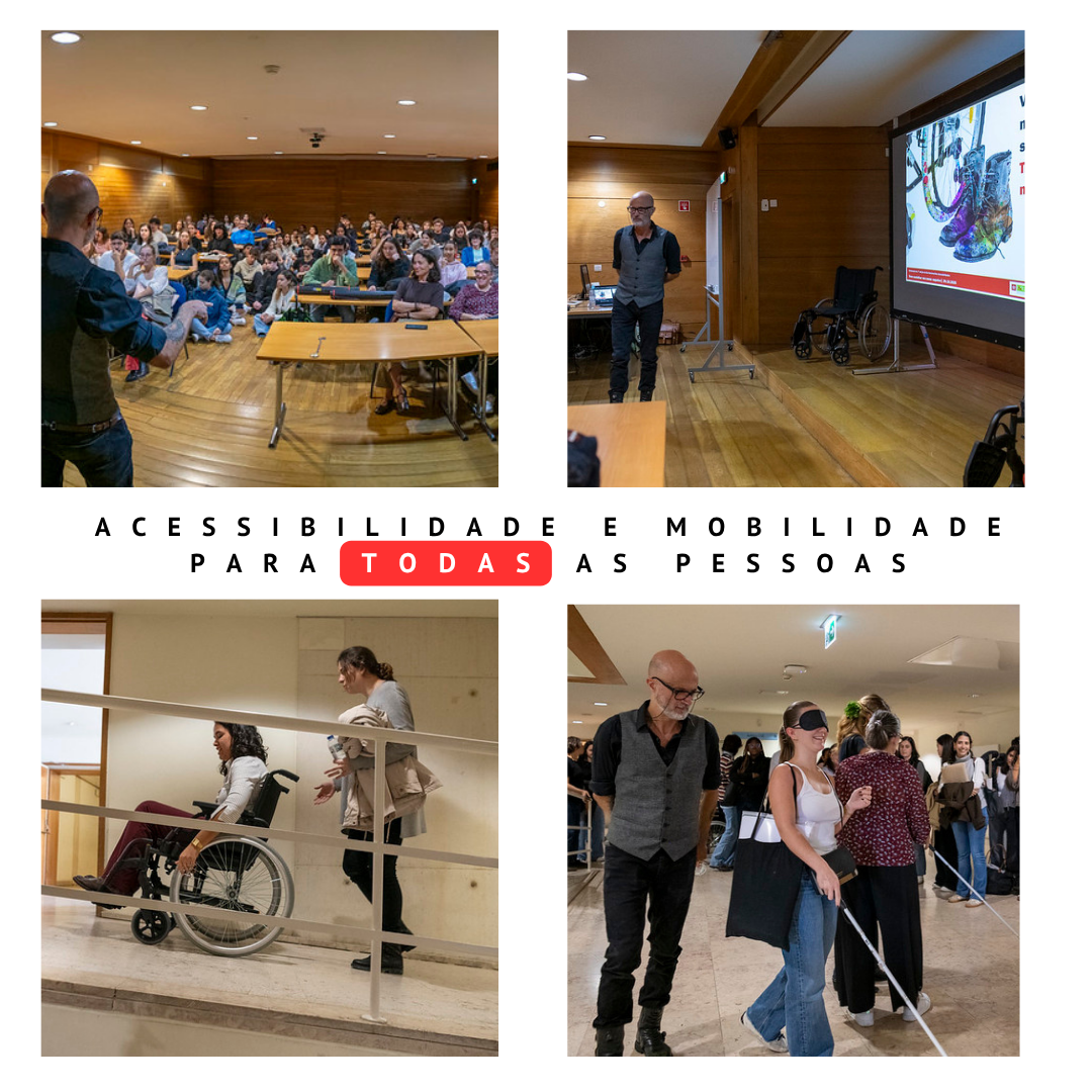 Assembly with four photographs related to accessibility. • First image (upper left corner): A person speaking to an audience sitting in a room with tables and chairs. • Second image (top right): person standing next to a projection screen with a coloured image and a wheelchair next to it. • Third image (lower left corner): person using a wheelchair on a ramp, accompanied by another person. • Fourth image (bottom right): group of people in indoor space, including one person with a white cane. In the centre, text in capital letters: “ACCESSIBILITY AND MOBILITY FOR ALL PERSONS”, with the word “ALL” highlighted in red.