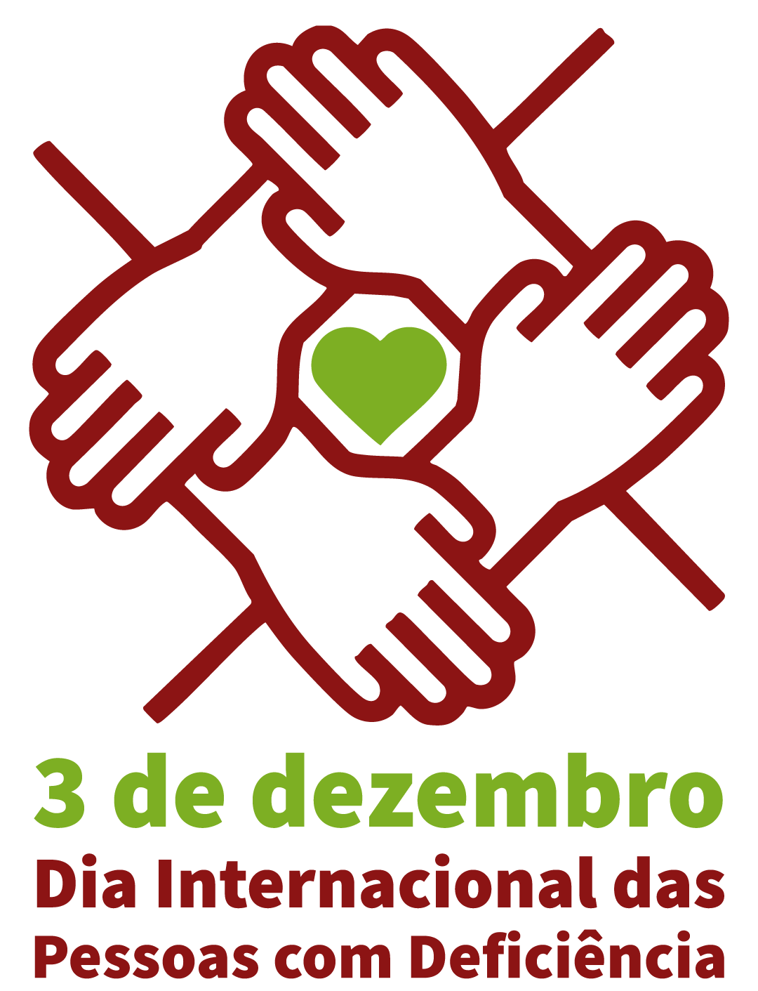  Quatro mãos de cor vermelho escuro, entrelaçadas formando um quadrado (representando união e apoio), com um coração verde no centro. Abaixo, lê-se a verde: 