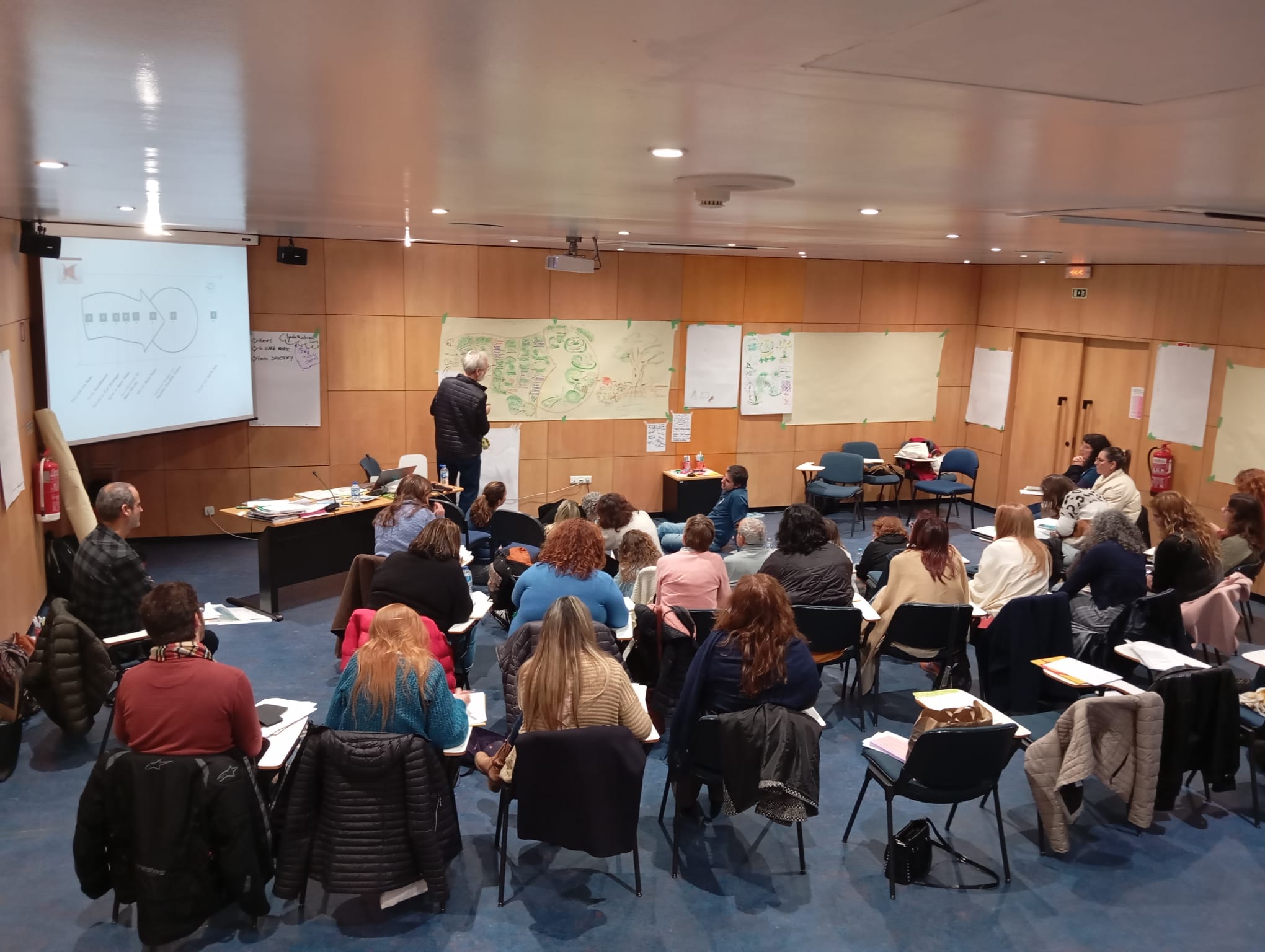 Sala ampla com paredes revestidas a madeira clara e teto branco com iluminação embutida. No centro, várias pessoas estão sentadas em cadeiras dispostas em filas, voltadas para a frente da sala. À frente, uma pessoa está de pé junto a uma parede com folhas grandes de papel afixadas, contendo desenhos e esquemas. À esquerda, há uma mesa com materiais e um ecrã de projeção que mostra um slide com um diagrama circular e texto. No chão, vê-se casacos e pastas junto às cadeiras.