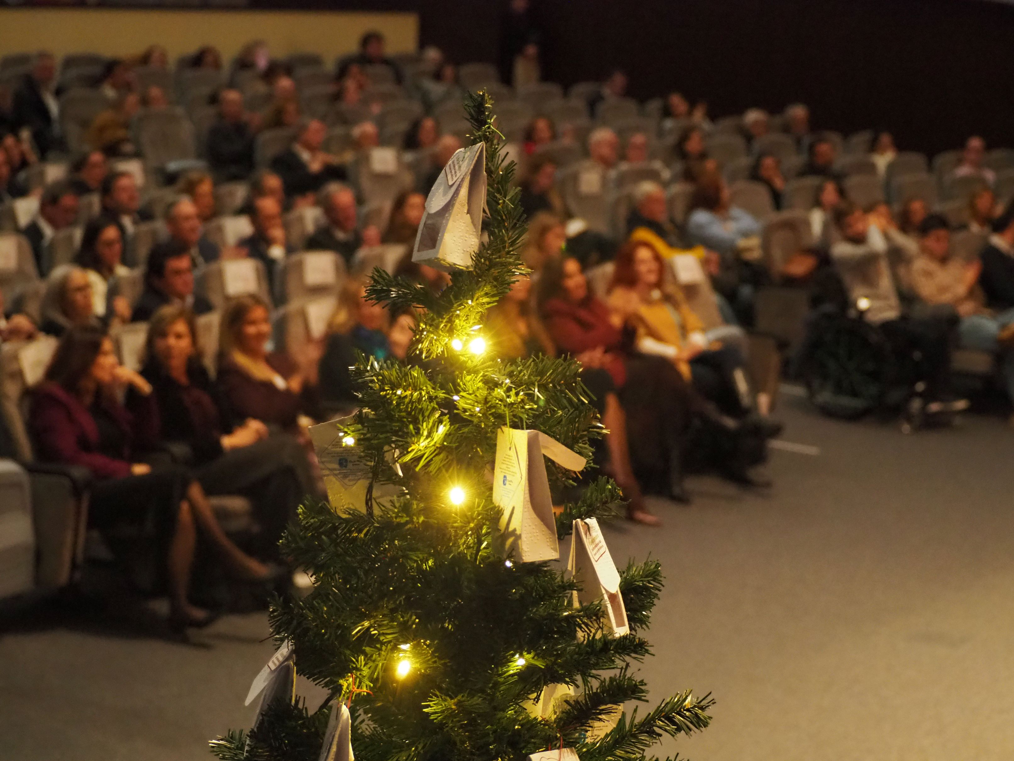  Árvore de Natal decorada com luzes e pequenos embrulhos pendurados, em primeiro plano. Ao fundo, plateia de um auditório com várias pessoas sentadas. 