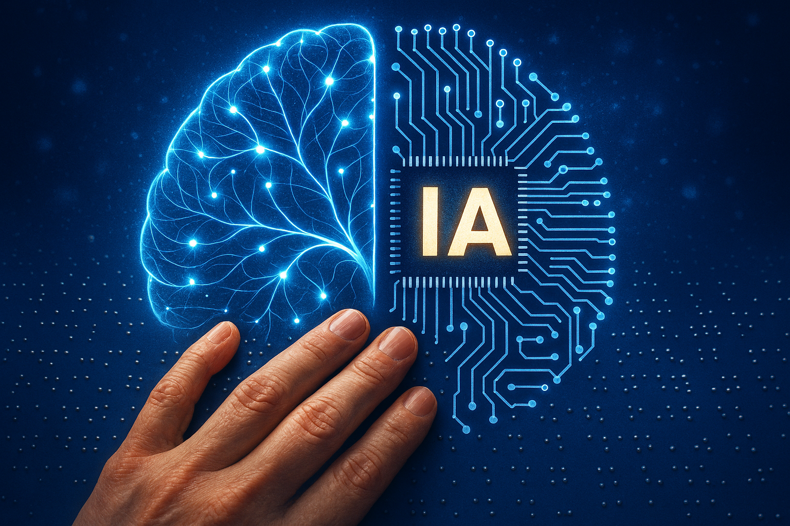  Image with dark blue background, showing a graphic representation of a brain divided into two halves. The left half consists of interlocking light lines simulating neural connections, while the right half features electronic circuits with a central chip containing the letters 'IA' illuminated. At the bottom, a hand, with four visible fingers, touches the lower two halves of the brain reading Braille dots. Imagem com fundo azul escuro, a mostrar uma representação gráfica de um cérebro dividido em duas metades. A metade esquerda é composta por linhas luminosas interligadas, simulando conexões neuronais, enquanto a metade direita apresenta circuitos eletrónicos com um chip central que contém as letras 'IA' iluminadas. Na parte inferior, uma mão, com quatro dedos visíveis, toca nas duas metades inferiores do cérebro lendo pontos em Braille. 