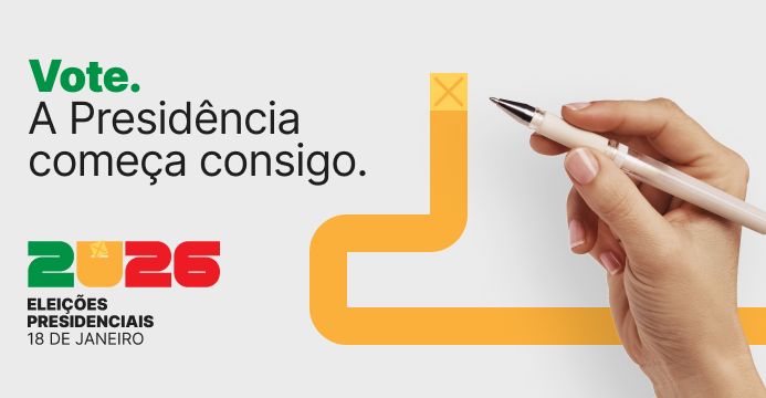  Cartaz das eleições presidenciais de 2026. À esquerda lê-se “Vote. A Presidência começa consigo.” e o logótipo “2026 Eleições Presidenciais – 18 de janeiro”. À direita, uma mão segura uma caneta e marca um “X” num quadrado amarelo ligado a uma linha em forma de caminho. O fundo é branco. Poster for the 2026 presidential election. On the left is “Vote. The Presidency starts with you.” and the logo “2026 Presidential Elections – 18 January”. On the right, a hand holds a pen and marks an “X” on a yellow square attached to a path-shaped line. The background is white. 