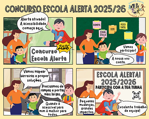 A imagem é um cartaz ilustrado do Concurso Escola Alerta 2025/26, organizado em seis quadros. Mostra adultos e crianças em contextos escolares, a dialogar e a colaborar na identificação de barreiras à acessibilidade e na proposta de soluções, como rampas, sinalética e piso tátil. Ao longo dos quadros surgem mensagens sobre participação, trabalho em equipa e inclusão, destacando a importância de pequenas mudanças para melhorar a acessibilidade na escola. O cartaz termina com o convite “Participa com a tua turma” e a identificação da iniciativa Escola Alerta.