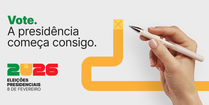  Cartaz das eleições presidenciais de 2026. À esquerda lê-se “Vote. A Presidência começa consigo.” e o logótipo “2026 Eleições Presidenciais – 8 de fevereiro”. À direita, uma mão segura uma caneta e marca um “X” num quadrado amarelo ligado a uma linha em forma de caminho. O fundo é branco. Poster for the 2026 presidential election. On the left is “Vote. The Presidency starts with you.” and the logo “2026 Presidential Elections – 8 February”. On the right, a hand holds a pen and marks an “X” on a yellow square attached to a path-shaped line. The background is white. 