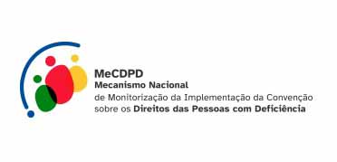 Logótipo do MeCDPD – Mecanismo Nacional de Monitorização da Implementação da Convenção sobre os Direitos das Pessoas com Deficiência, composto por formas circulares de várias cores (azul, verde, vermelho, amarelo) que se sobrepõem, formando uma figura abstrata.