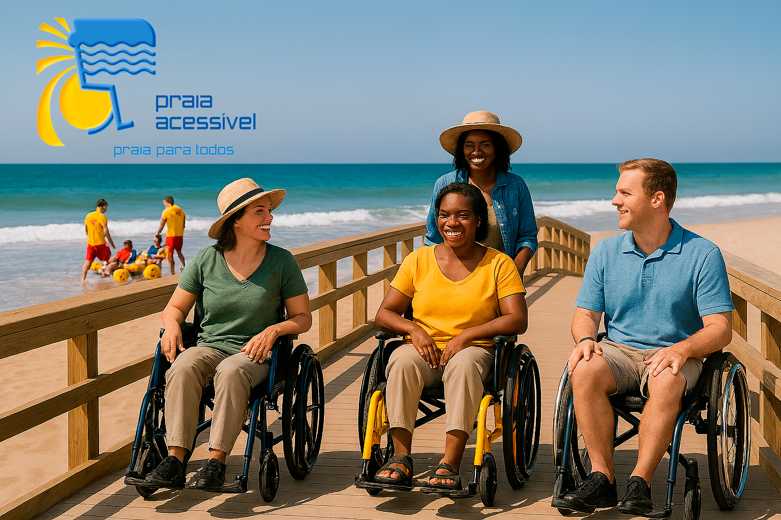 Um passadiço de madeira numa praia ensolarada, onde várias pessoas utilizam cadeiras de rodas. No mar, nadadores‑salvadores acompanham uma pessoa numa cadeira anfíbia. No topo da imagem aparece o logótipo “praia acessível” em azul e amarelo.