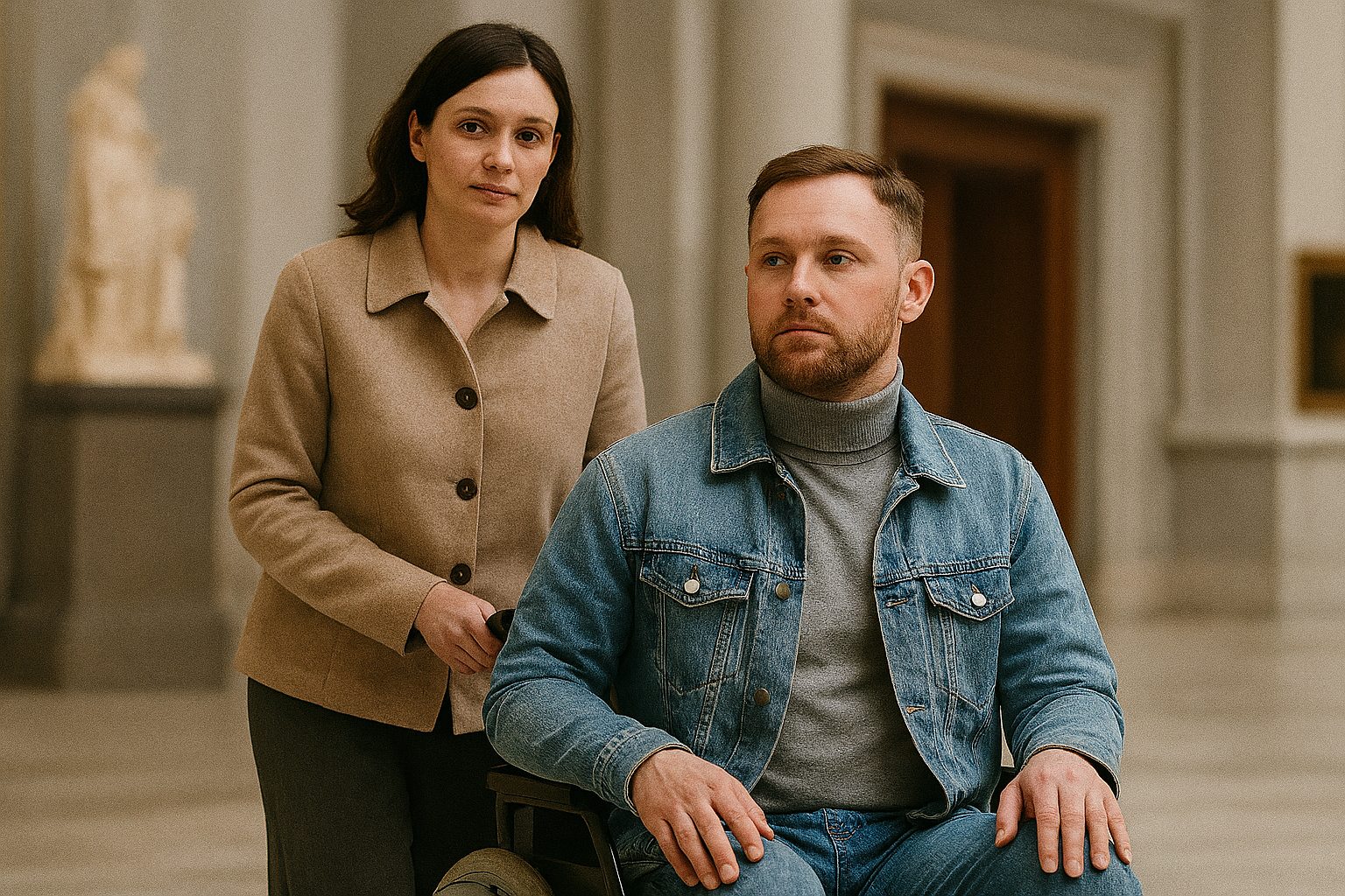 Pessoa sentada numa cadeira de rodas é acompanhada por outra pessoa num espaço cultural interior, semelhante a um museu, com obras de arte ao fundo, representando o acesso inclusivo à cultura.