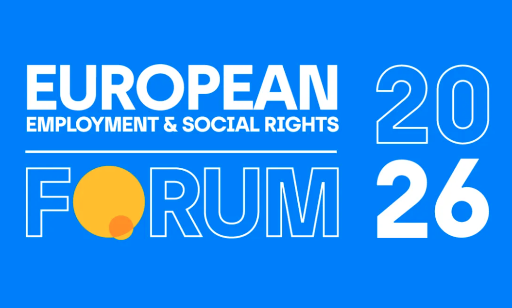 Imagem gráfica em fundo azul com o texto ‘European Employment & Social Rights Forum 2026’. A palavra ‘Forum’ surge em destaque, com a letra ‘O’ representada por um círculo amarelo com um pequeno ponto laranja.
