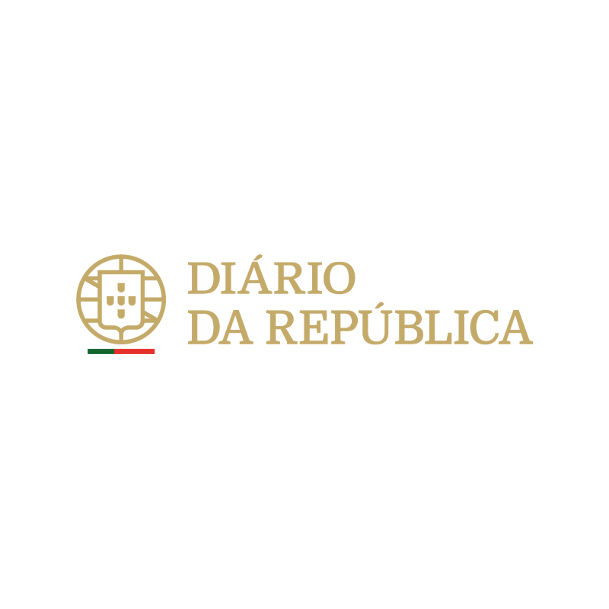 Logótipo do Diário da República, composto por uma esfera armilar dourada, com o escudo português, composto por cinco escudos menores, também de cor dourada. Por baixo da esfera estão duas linhas horizontais, uma verde e uma vermelha. Do lado direito pode ler-se “Diário da República