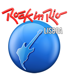  Um globo azul, no centro uma guitarra estilizada simbolizando a América do Sul, no topo direito lê-se 'Lisboa', escrito a branco. Por cima do globo, lê-se 'Rock in Rio', escrito a vermelho. A blue globe, in the center a stylized guitar symbolizing South America, at the top right reads 'Lisbon', written in white. Above the globe reads 'Rock in Rio', written in red. 