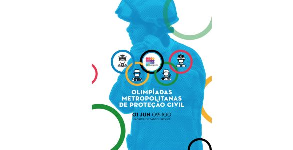 A blue silhouette of an emergency element occupies almost the entire image, above there are colorful circles with icons with security forces, health professionals, the logo of the amport, rescue personnel and firefighters. Underneath it reads ‘01 JUN 09h00, Fábrica de Santo Thyrso’.