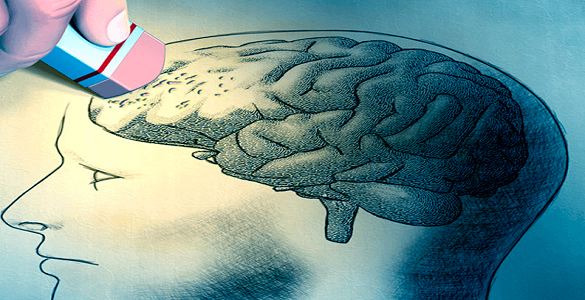 Desenho de uma cabeça humana com foco no cérebro e uma mão com uma borracha a apagar parte do mesmo.