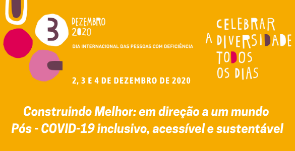 On an orange background, composition of letters and shapes, in white, pink and garnet, with text: 3 December, International Day of Persons with Disabilities, Celebrating Diversity Every Day, Building Better: towards an inclusive, accessible and sustainable post-COVID-19 world