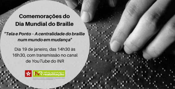 Invitation to the event with the INR logo that is written on a ball on two hands reading a braille text,