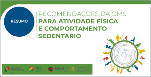 Recomendações da OMS para a atividade física e comportamento sedentário. Metade de um globo terrestre com pessoas em atividade física em volta