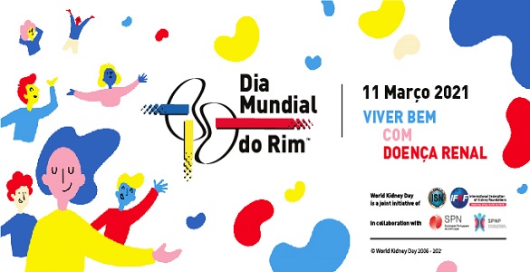 Dia Mundial do Rim | 11 de março de 2021 | Viver Bem Com A Doença Renal | desenhos de homens e mulheres e várias manchas coloridas em forma de rim