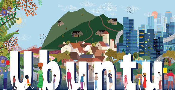 desenho de fundo de uma cidade com as palavras UBUNTU e pessoas à frente de cada uma das letras