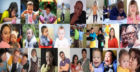 Diversas fotografias de homens, mulheres e crianças com Síndrome de Down.