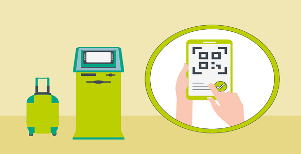 Desenhos de um trolley de viagem, um validador digital vertical e um telemóvel.