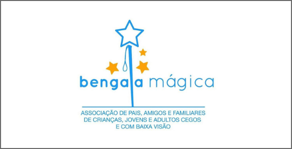 Logotipo da Bengala Mágica com uma varinha mágica no L em azul e três estrelas em dourado
