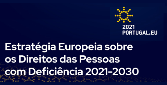 Imagem em azul escuro com a informação sobre a Estratégia Europeia Direitos das PcD