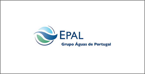 Logotipo da EPAL com uma esfera preenchida em tons de azul e verde.