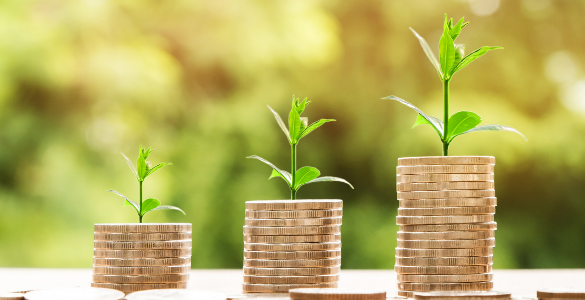 Três conjunto de moedas empilhadas, com um planta a crescer no topo de cada conjunto.